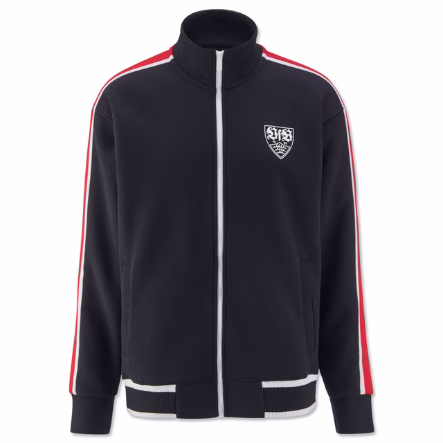 Schwarze Jacke mit hohem Kragen, rotem Streifen am Ärmel und weißem VfB Wappen auf der Brust 