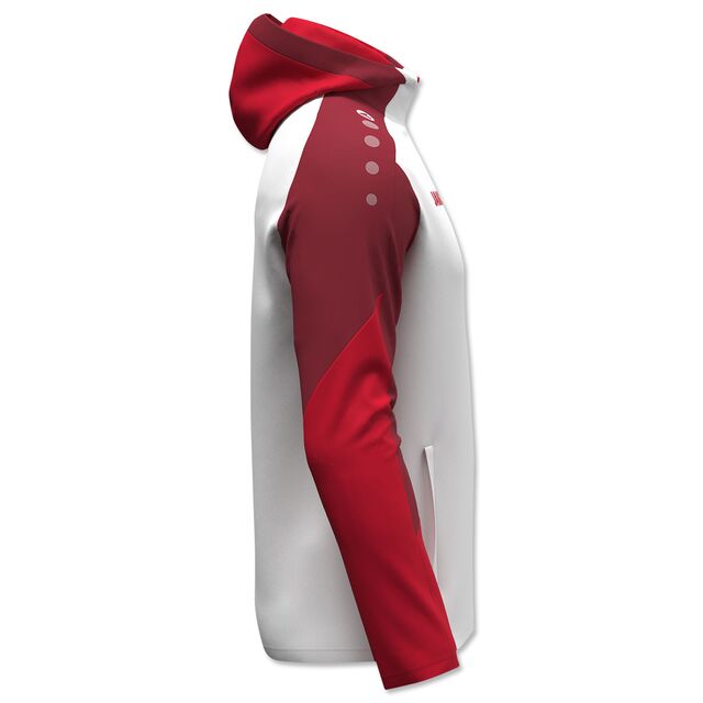 Seitenansicht der weiß-roten Kapuzenjacke 25/26