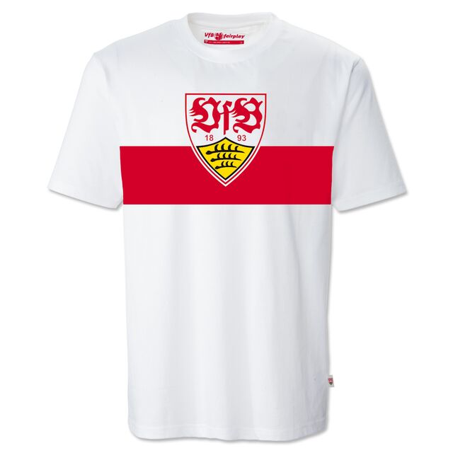 weißes T-Shirt mit rotem Brustring und VfB Wappen
