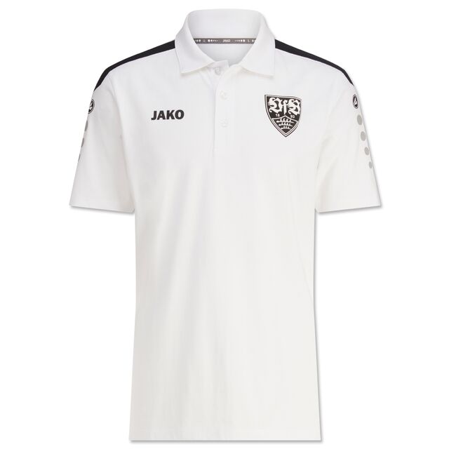 weißes Tennispolo mit schwarzem VfB Wappen und JAKO Schriftzug auf der Brust