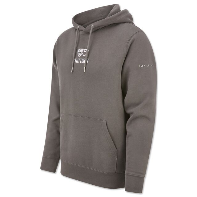 grauer Hoodie mit dem Logo der VfB-Stiftung Brustring der Herzen auf der Brust und der Aufschrift bunt und wild in Brailleschrift am Ärmel