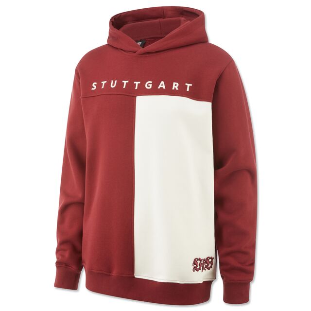 weiß-roter Hoodie mit geteilter Farbfläche und der Aufschrift Stuttgart