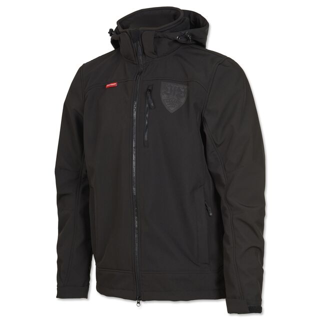 schwarze Softshelljacke mit schwarzem VfB Wappen und kleiner roter Stuttgart Aufschrift auf der Brust