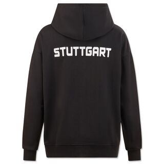 schwarze Rückseite der Kleinigkeit Jacke mit weißer Aufschrift Stuttgart