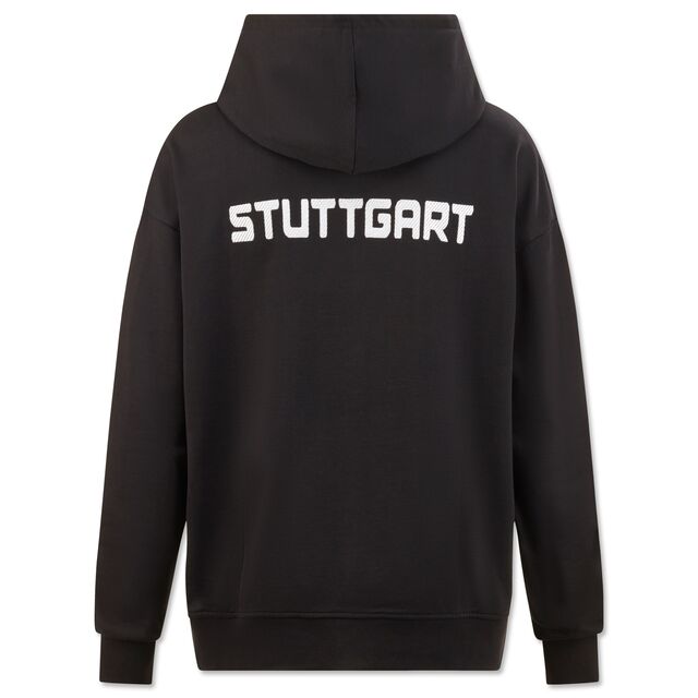 schwarze Rückseite der Kleinigkeit Jacke mit weißer Aufschrift Stuttgart