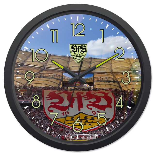VfB Wanduhr mit Choreografie der Cannstatter Kurve auf dem Ziffernblatt