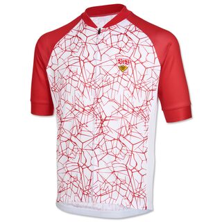 weißes Fahrradtrikot mit rotem Muster und roten Ärmeln und dem VfB Wappen auf der Brust