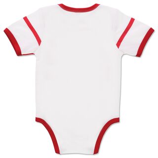 weiße Rückseite des Baby Bodies mit roten Elementen