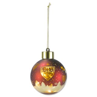 rote Christbaumkugel mit goldenen, leuchtenden VfB Wappen und Weihnachtsmotiven