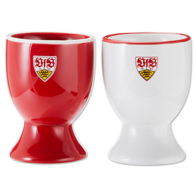 roter und weißer Eierbecher mit VfB Wappen