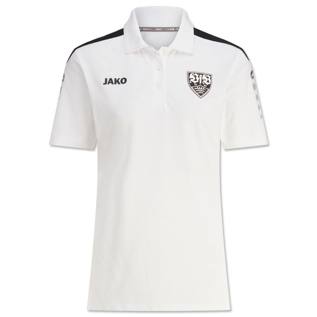 weißes Damen Tennispolo mit schwarzem VfB Wappen und schwarzem JAKO Schriftzug auf der Brust