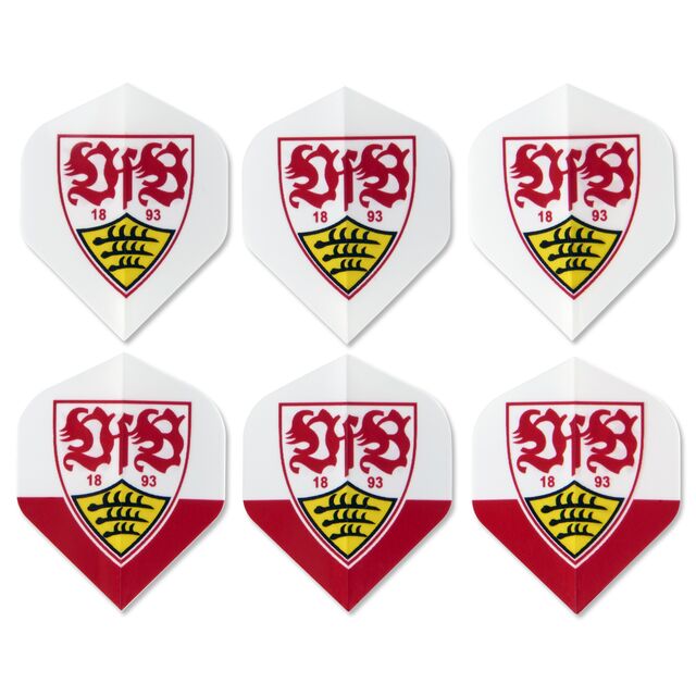 drei weiße und drei weiß-rote Dart-Flights mit VfB Wappen