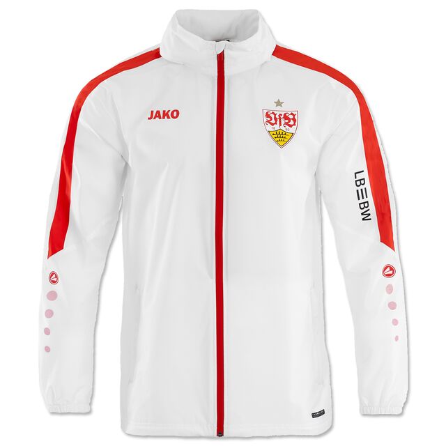 Jacke in weiß mit rotem Zipper und rotem Streifen an den Ärmeln. VFB Wappen auf der Brust und JAKO Logo. 