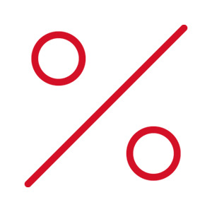 Rotes Symbol eines Prozentzeichens in klarer Linienform, dargestellt auf weißem Hintergrund.