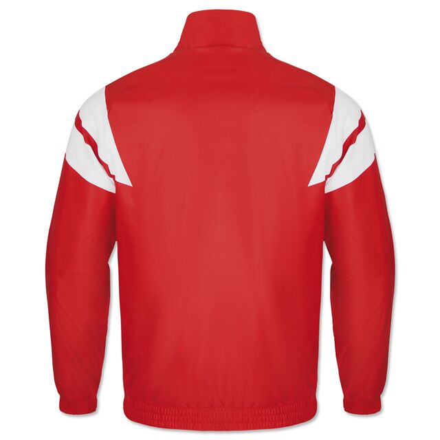 rote Rückseite der VfB JAKO Retro Jacke mit weißen Streifen auf der Schulter