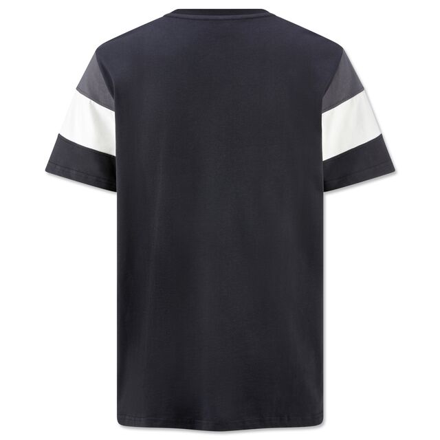 schwarze Rückseite des T-Shirts mit grauem und weißem Streifen an den Ärmeln