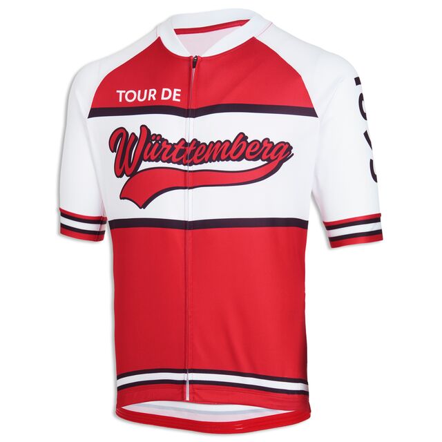 weiß-rotes Fahrradtrikot mit der Aufschrift Tour de Württemberg auf der Vorderseite