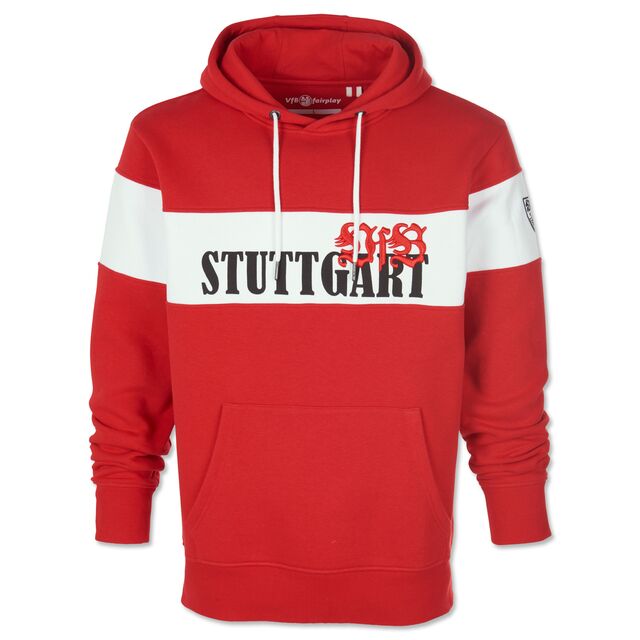 roter Hoodie mit Kängurutaschen und mit weißem Brustring mit der Aufschrift VfB Stuttgart