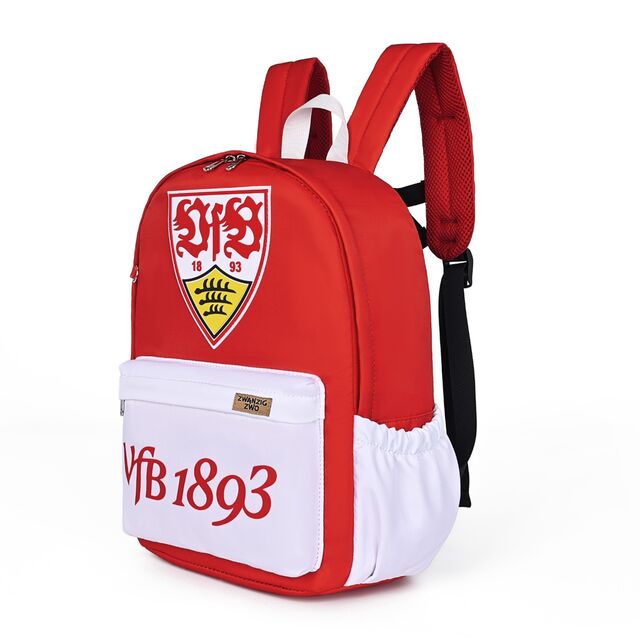 Roter Rucksack mit VfB Wappen und roten Taschen mit Schriftzug VfB 1893 
