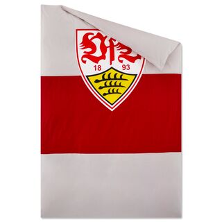 weiße Bettdecke mit rotem Brustring und VfB Wappen