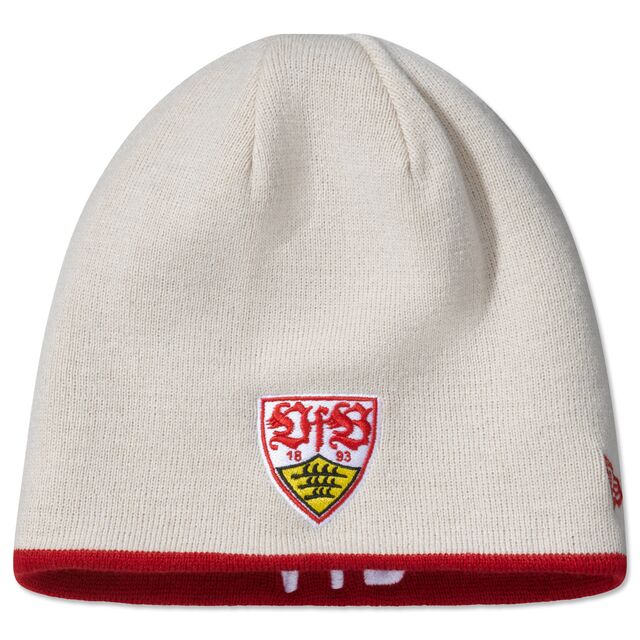 beigefarbene Beanie mit VfB Wappen und rotem Rand