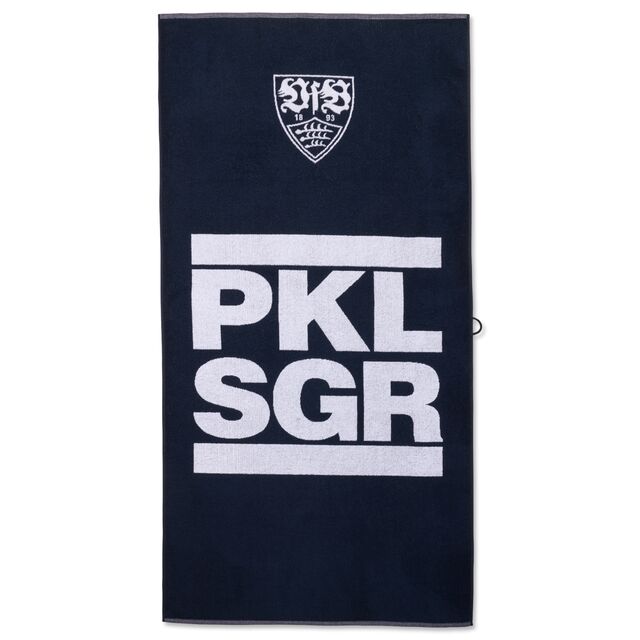 dunkelblaues Saunahandtuch mit weißer Aufschrift PKL SGR und VfB Wappen