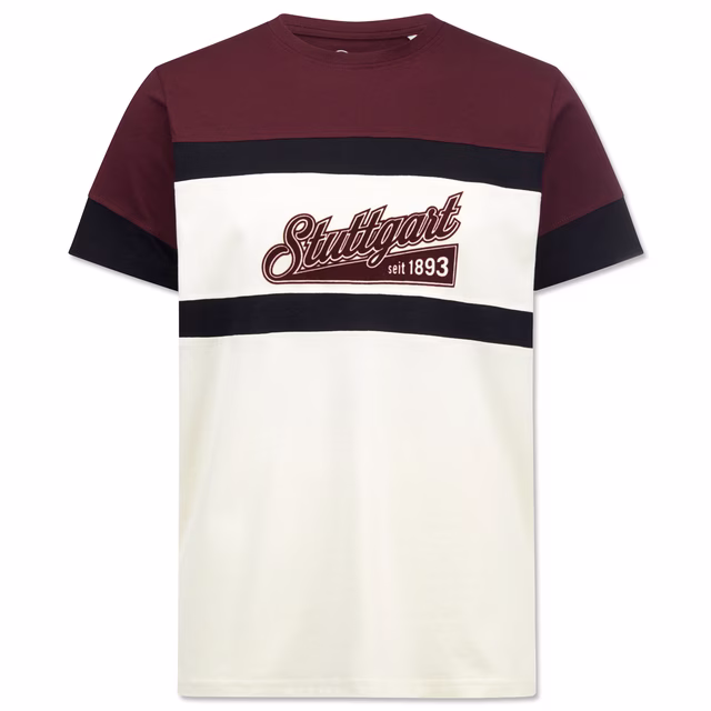 T-Shirt in Bordeauxrot, Weiß und Schwarz mit Schriftzug Stuttgart seit 1893