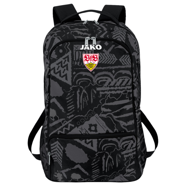 schwarzer Rucksack mit grauem Muster und VfB Wappen sowie JAKO Schriftzug auf der Vorderseite