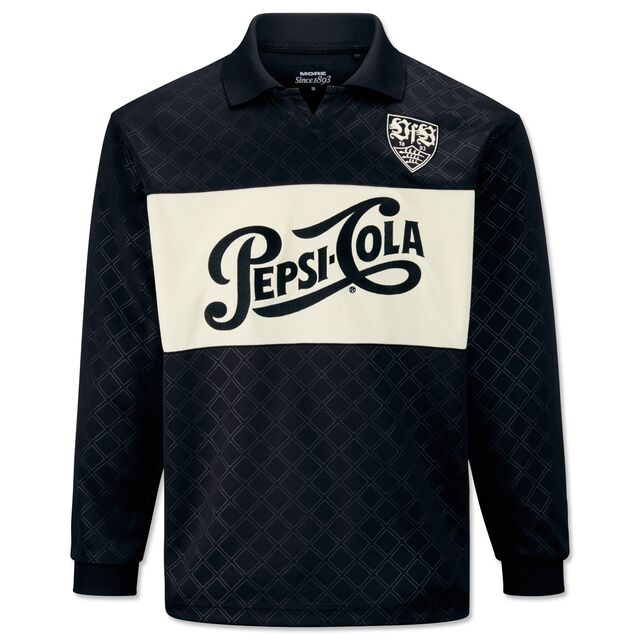 Schwarzes langarm Trikot mit Polo Kragen, beigem großem Brustring mit Schriftzug Pepsi Cola und beigem VfB Wappen auf der Brust 