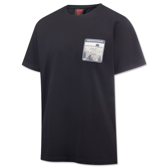 schwarzes T-Shirt mit Grafik von Stuttgart auf der Brust