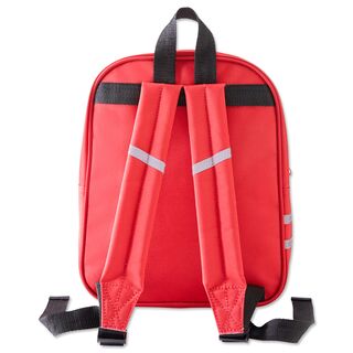 rote Ruckseite des Rucksacks mit schwarzen Elementen