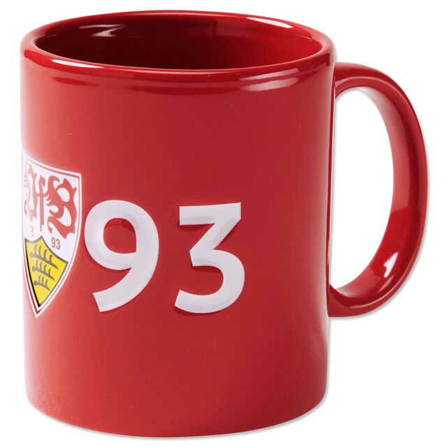 rote Tasse mit der weißen Aufschrift 1893 und dem VfB Wappen