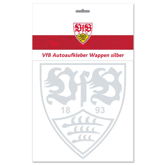 silbernes VfB Wappen als Autoaufkleber in Verpackung
