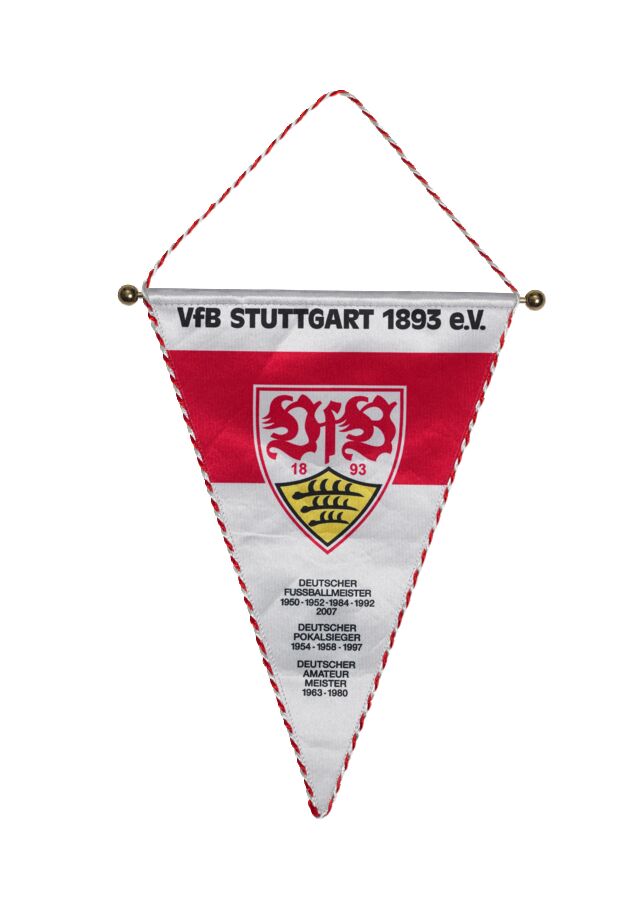 weiß-roter Wimpel mit VfB Wappen und Daten zu Titelgewinnen des VfB