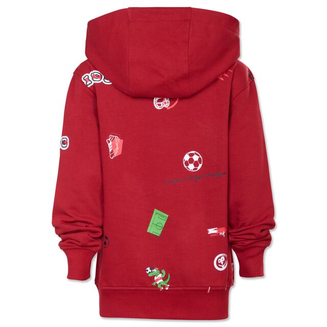 rote Rückseite des Hoodies mit VfB- und Fußballelementen