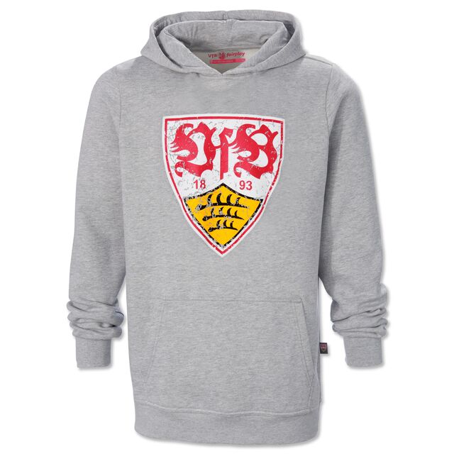 grauer Hoodie mit Kängurutaschen und mit großem VfB Wappen im Used Look
