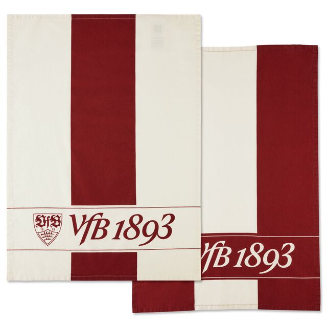 2 Geschirrtücher in rot und beige mit Schriftzug VfB 1893 und VfB Wappen 