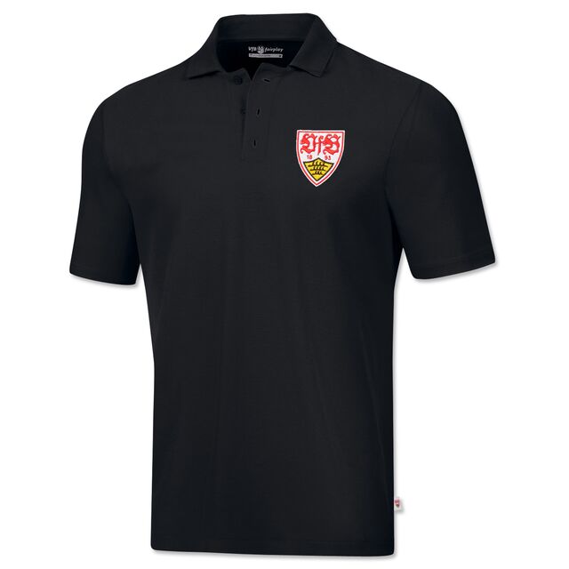 schwarzes Poloshirt mit gesticktem VfB Wappen auf der Brust