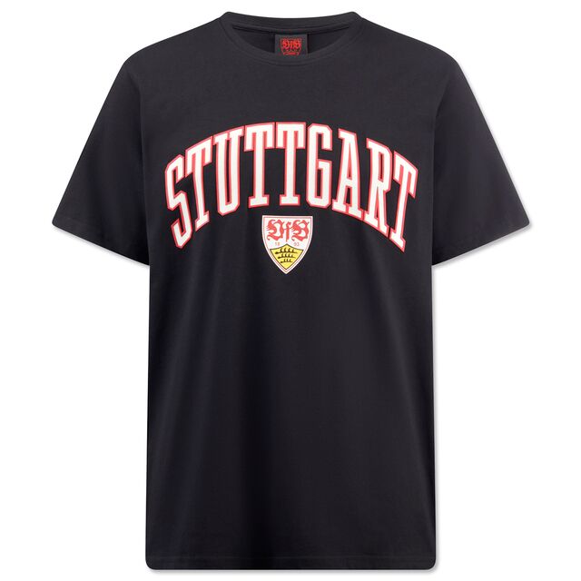 schwarzes T-Shirt mit Aufschrift Stuttgart im College-Look und dem VfB Wappen
