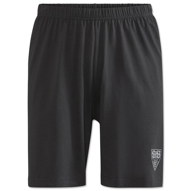 schwarze Shorts mit grauem VfB Wappen an der Seite