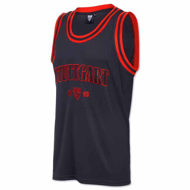 Tanktop mit rotem Kragen, Stuttgart Schriftzug auf dem Bauch und VfB Wappen 1893 