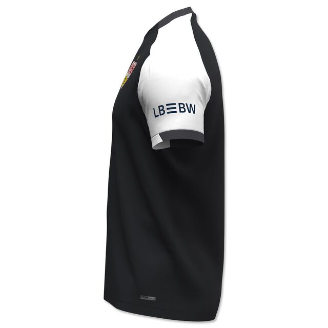 Seitensicht des schwarz-weißen Trainingsshirts 25/26 mit LBBW auf dem Ärmel
