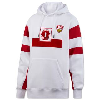 weißer Hoodie mit roten Streifen, VfB Wappen und Südmilch Logo auf der Vorderseite