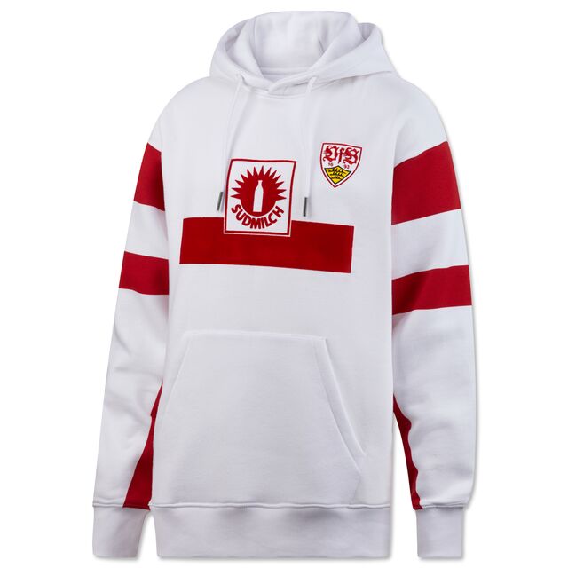 weißer Hoodie mit roten Streifen, VfB Wappen und Südmilch Logo auf der Vorderseite