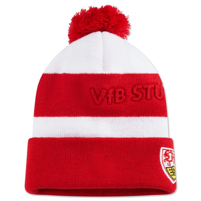 weiß-rote Bommelmütze mit VfB Stuttgart Schriftzug und VfB Wappen