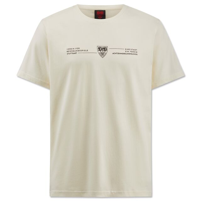 T-Shirt in Offwhite mit VfB Wappen und kleiner Aufschrift Verein für Bewegungsspiele Stuttgart, Eine Stadt Ein Verein Achtzehnhundertdreiundneunzig
