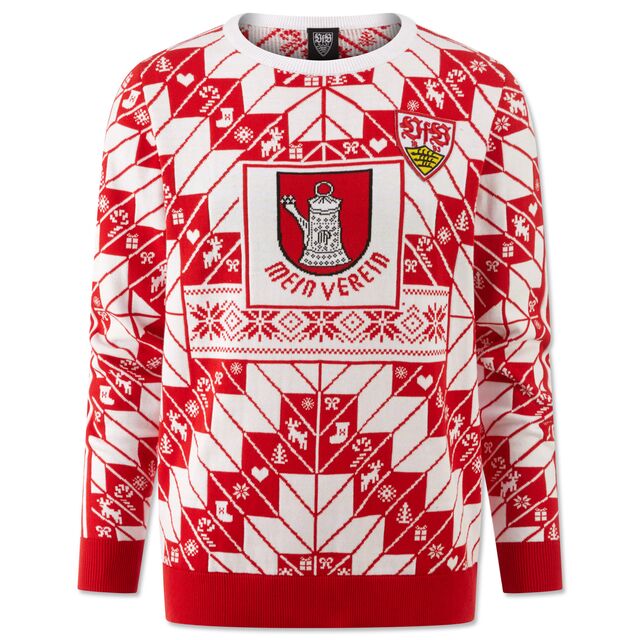 weiß-roter Ugly Christmassweater mit weihnachtlichen und VfB-Motiven