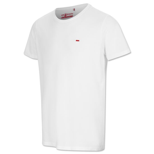 weißes T-Shirt mit kleiner Grafik des weißen VfB Heimtrikots auf der Brust