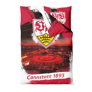 Bettwäsche in Schwarz, Weiß und Rot mit dem Stadion, der Aufschrift Cannstatt 1893 und großem VfB Wappen