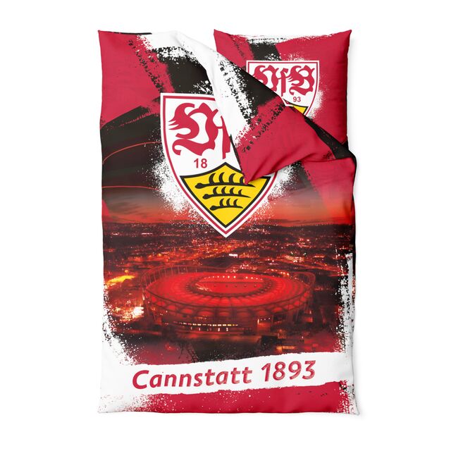 Bettwäsche in Schwarz, Weiß und Rot mit dem Stadion, der Aufschrift Cannstatt 1893 und großem VfB Wappen
